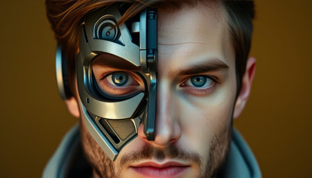 Close-up portrait of a young man with a beard in a virtual reality helmet.の写真素材