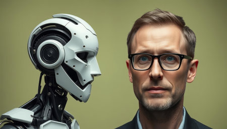 Portrait of a handsome young man in a suit and glasses with a robot on a green background.の写真素材