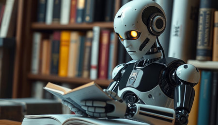 Robot reading a book in the library. 3d rendering.