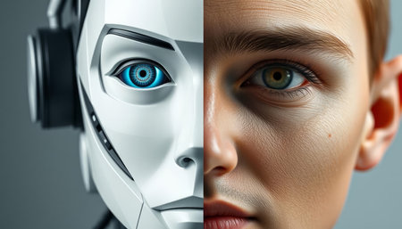 Collage of futuristic female robot with blue eyes. 3D renderingの写真素材