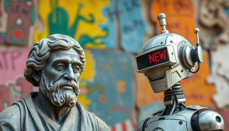 Sculpture of a man with a beard and mustache in the form of a robotの写真素材