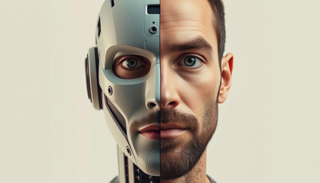 Portrait of a young man with a robot head. The concept of artificial intelligence.の写真素材