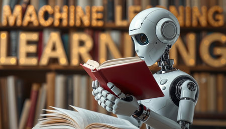 Robot reading a book in a library. 3d illustration.の写真素材