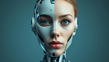 Cyborg woman face. 3d rendering. Humanoid robot.の写真素材