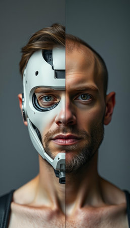 Portrait of a brutal man with a beard wearing a virtual reality helmetの写真素材