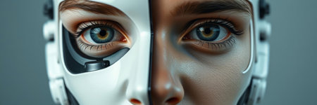 Close up view of futuristic female robot looking at camera. 3D renderingの写真素材