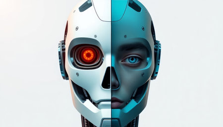 Cyborg head with red dot on white background. 3D renderingの写真素材