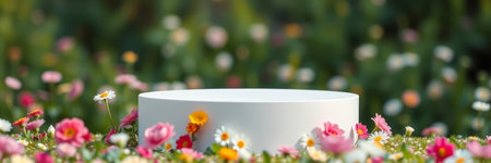 3d render of white podium or stand with colorful flowers in the garden