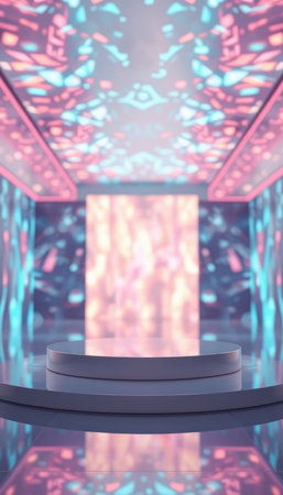3D rendering of a podium in a modern interior with neon lights