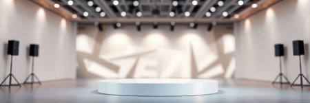 White podium mockup in modern exhibition hall, 3d render illustrationの写真素材