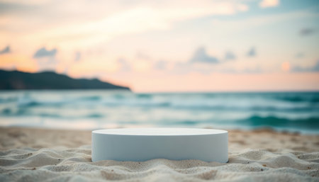 White podium on the beach with sea background. 3D Renderingの写真素材