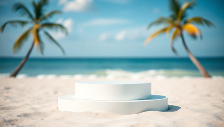 3d render of white podium on the beach with palm trees and sea backgroundの写真素材