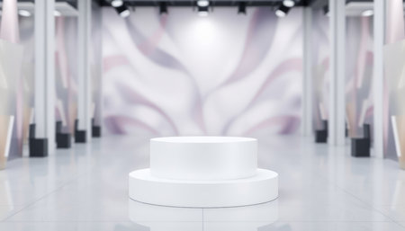 White round podium in the exhibition hall. 3d rendering mock upの写真素材