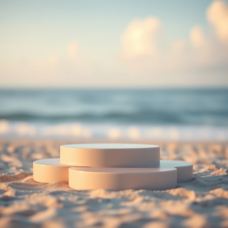 3d render of white podium on the beach with sea and sky backgroundの写真素材