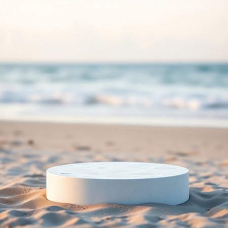 White round podium on the beach with sea background. 3d renderの写真素材