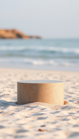 Empty podium on the sand with ocean in the background and copy spaceの写真素材