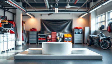 3D rendering of a white podium in a garage with a blurred backgroundの写真素材