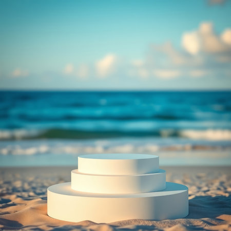 Podium on the beach. 3d render. Square composition.の写真素材