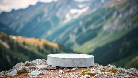 White marble pedestal on the background of the mountains. Mock upの写真素材