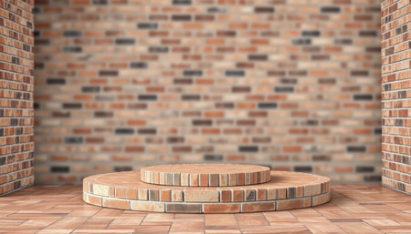 Wooden platform in front of brick wall. 3D rendering.の写真素材