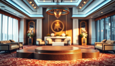 Abstract luxury hotel lobby interior with empty round stage. Mock up, 3D Renderingの写真素材