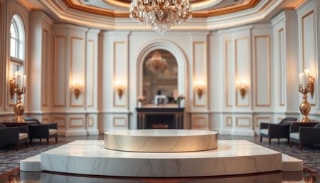 3D rendering of a luxury hotel lobby with a round marble podium.の写真素材
