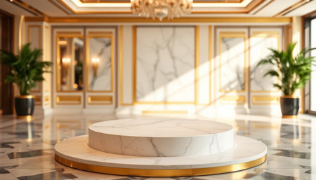 Round marble podium in luxury hotel lobby. 3d rendering mock upの写真素材