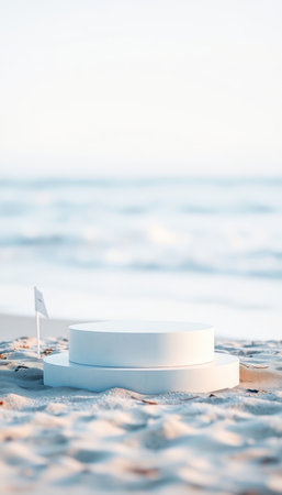 White round podium on the beach with sea and sky in the backgroundの写真素材