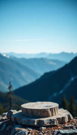 Beautiful mountain landscape with a round marble podium in the foreground.の写真素材