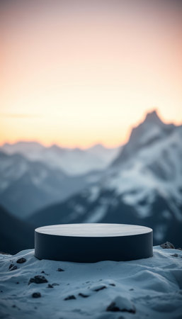 3d render of podium or stand on the background of mountains.の写真素材