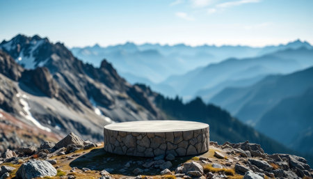 Empty round stone platform on the top of mountain. 3d renderの写真素材