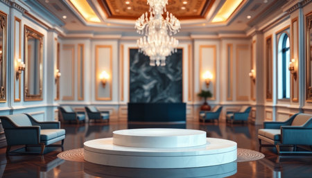 3d rendering luxury hotel lobby with white round podium and armchairsの写真素材