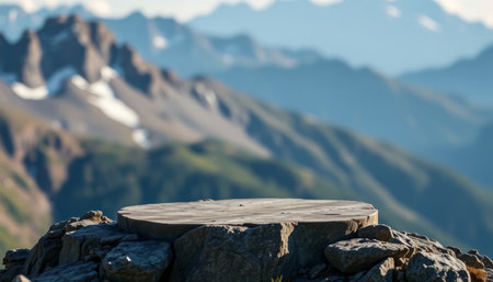Empty round wooden table in front of mountain background. Perspective view with copy spaceの写真素材