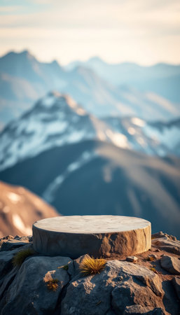 Empty round podium on top of mountain. Background with copy space for your textの写真素材