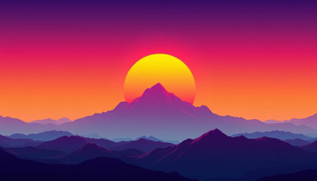 Mountain sunset landscape. Sunrise over the mountains. Vector illustration.の写真素材
