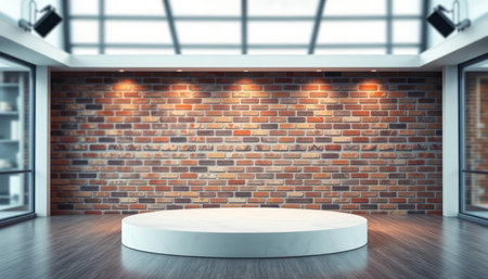 White podium in modern interior with brick wall. Mock up, 3D Renderingの写真素材
