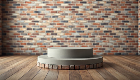 3d render of podium on wooden floor and brick wall background.の写真素材