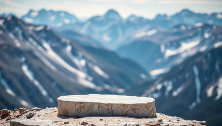 White marble pedestal on the background of mountains. Place for text.の写真素材