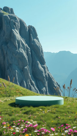 Mountain landscape with green grass and round podium for product presentation.の写真素材