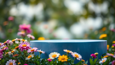 Empty podium in the garden with colorful daisy flowers for product displayの写真素材