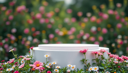 White podium for product display in the flower garden with beautiful background.の写真素材