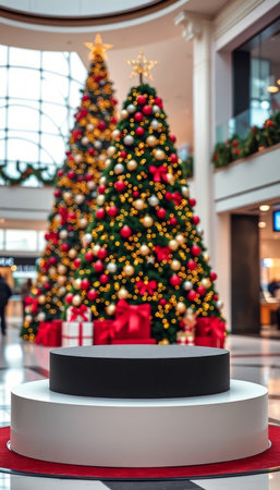 Christmas tree and gift boxes in shopping mall. Christmas and New Year conceptの写真素材