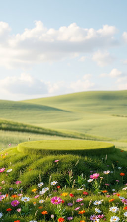 grass podium on green grass with blue sky background. 3d renderingの写真素材
