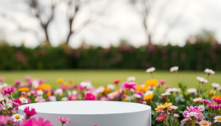 White podium with colorful flowers in the park. Product display stand.の写真素材