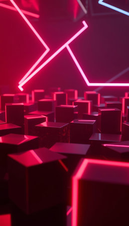 3d render of abstract cubes in a room with neon lights.の写真素材