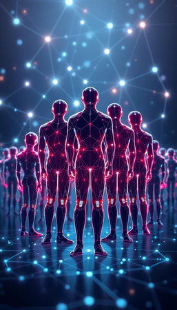 Human body with digital connection lines on dark background. Artificial intelligence concept. 3D Renderingの写真素材