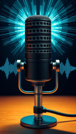 Microphone on a desk with sound wave background. 3d rendering