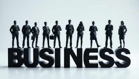 Silhouettes of a group of business people standing on the word businessの写真素材