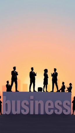 Silhouettes of business people on the background of the word businessの写真素材