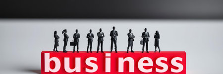 Business and finance concept. Businessmen standing on red cubes with word BUSINESSの写真素材